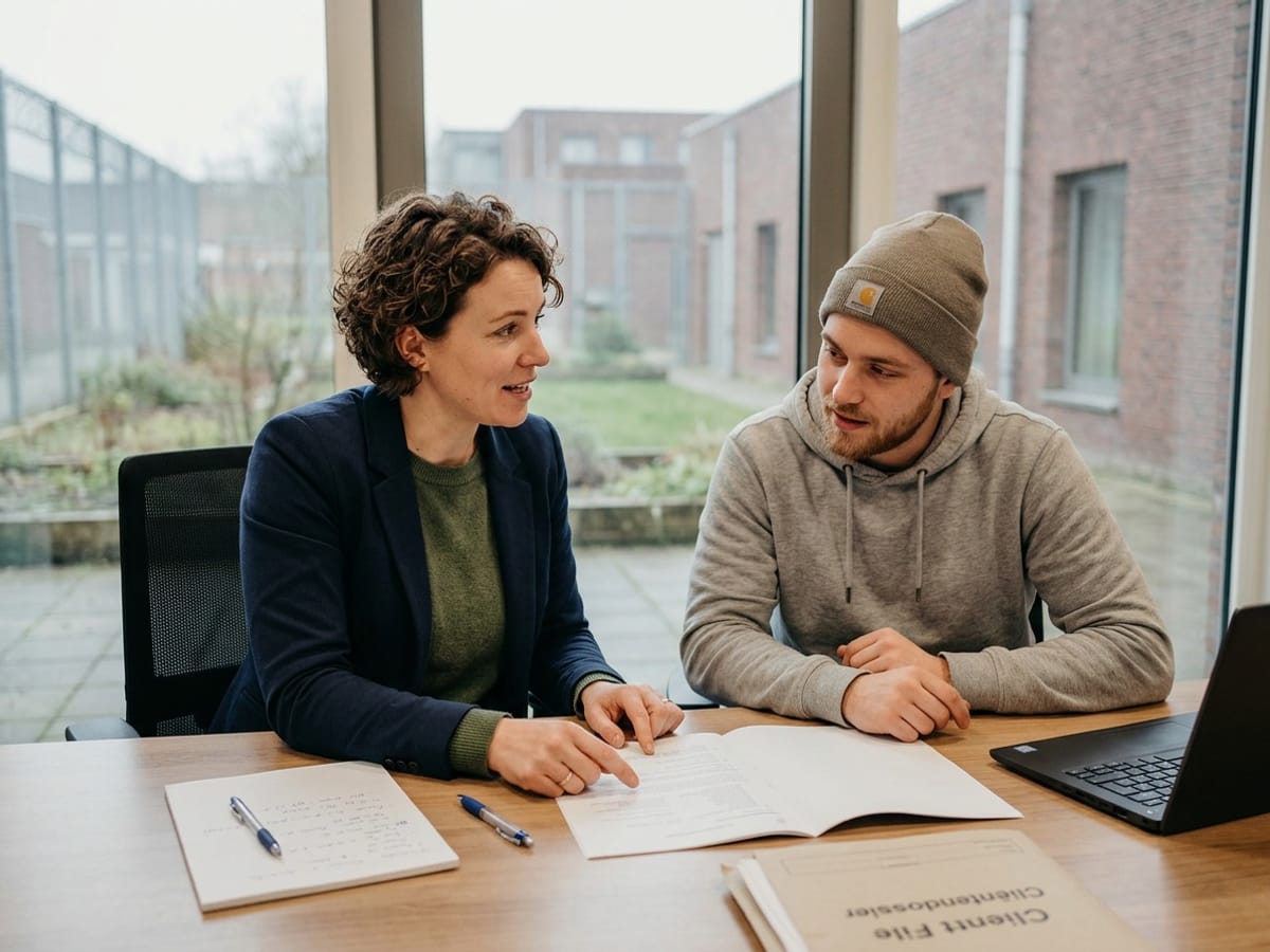 Begeleider in gesprek met een cliënt over het cliëntdossier
